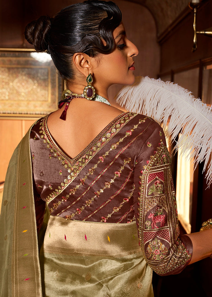 Light Green Tissue Silk Paithani Saree with Heavy Hand Embroidered Blouse