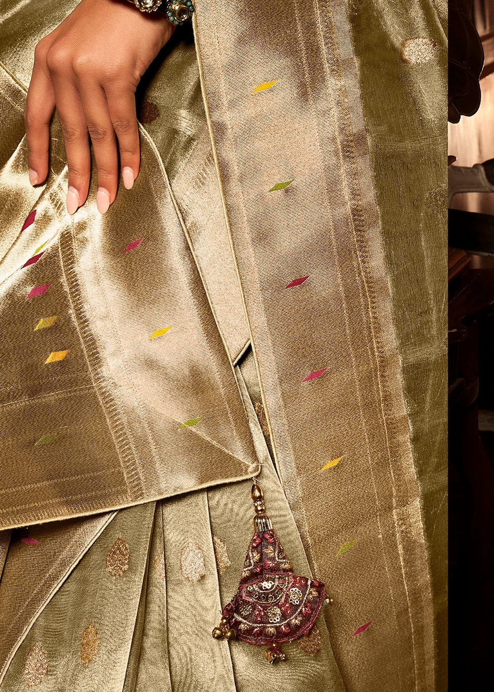 Light Green Tissue Silk Paithani Saree with Heavy Hand Embroidered Blouse