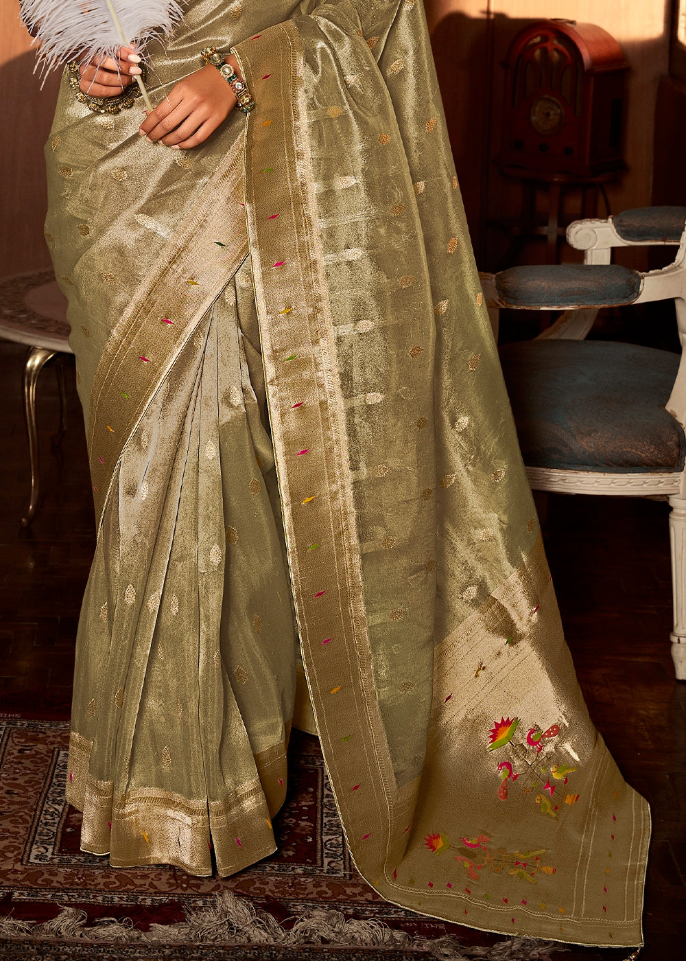 Light Green Tissue Silk Paithani Saree with Heavy Hand Embroidered Blouse
