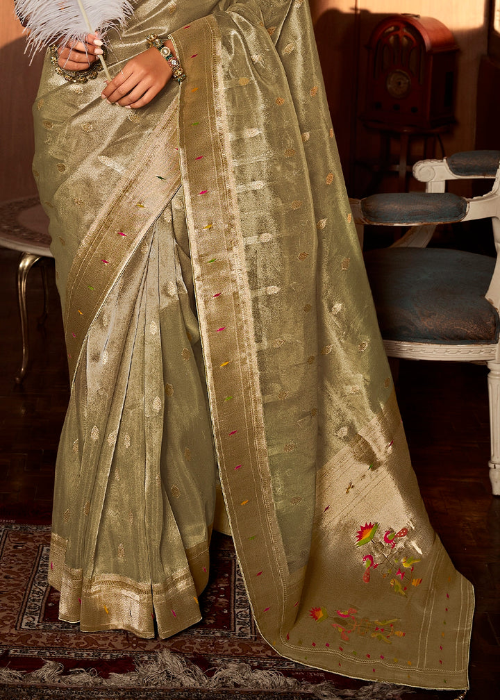Light Green Tissue Silk Paithani Saree with Heavy Hand Embroidered Blouse