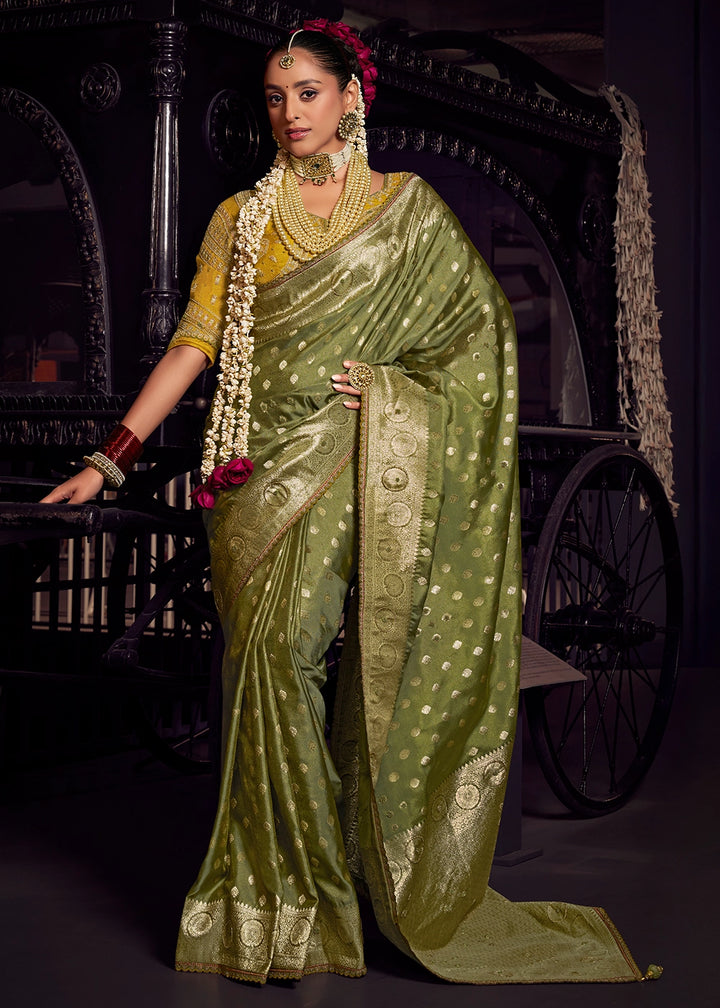 Olive Green Viscose Tissue Silk Saree with Handcrafted Pallu and Embroidered Blouse