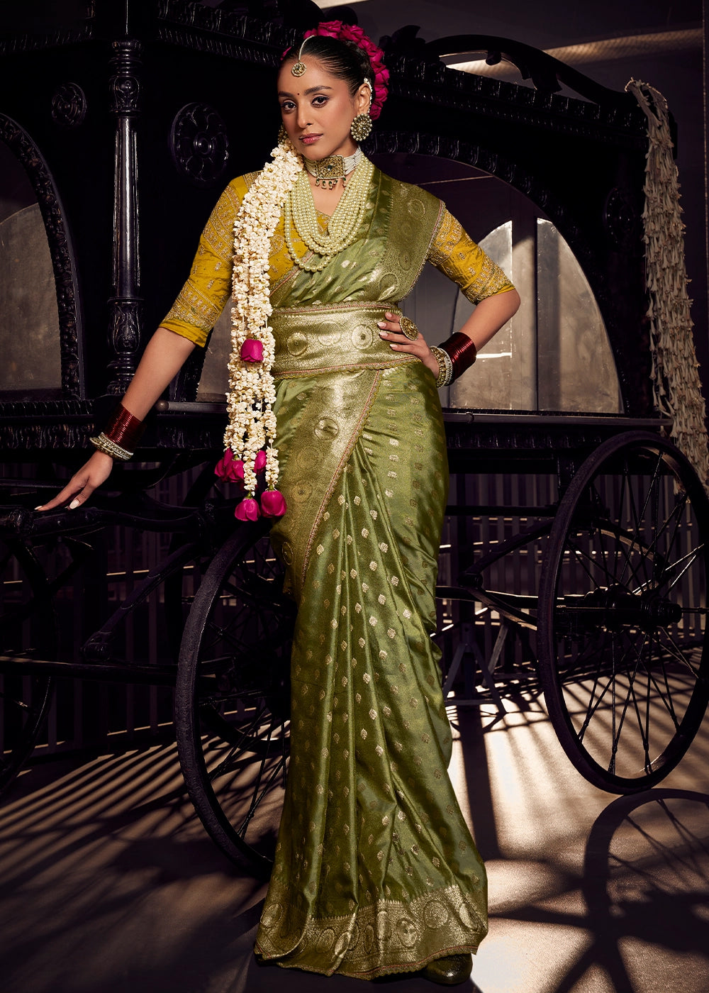 Olive Green Viscose Tissue Silk Saree with Handcrafted Pallu and Embroidered Blouse