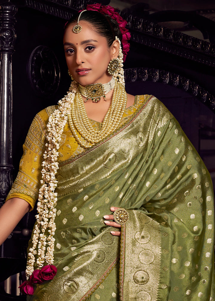 Olive Green Viscose Tissue Silk Saree with Handcrafted Pallu and Embroidered Blouse