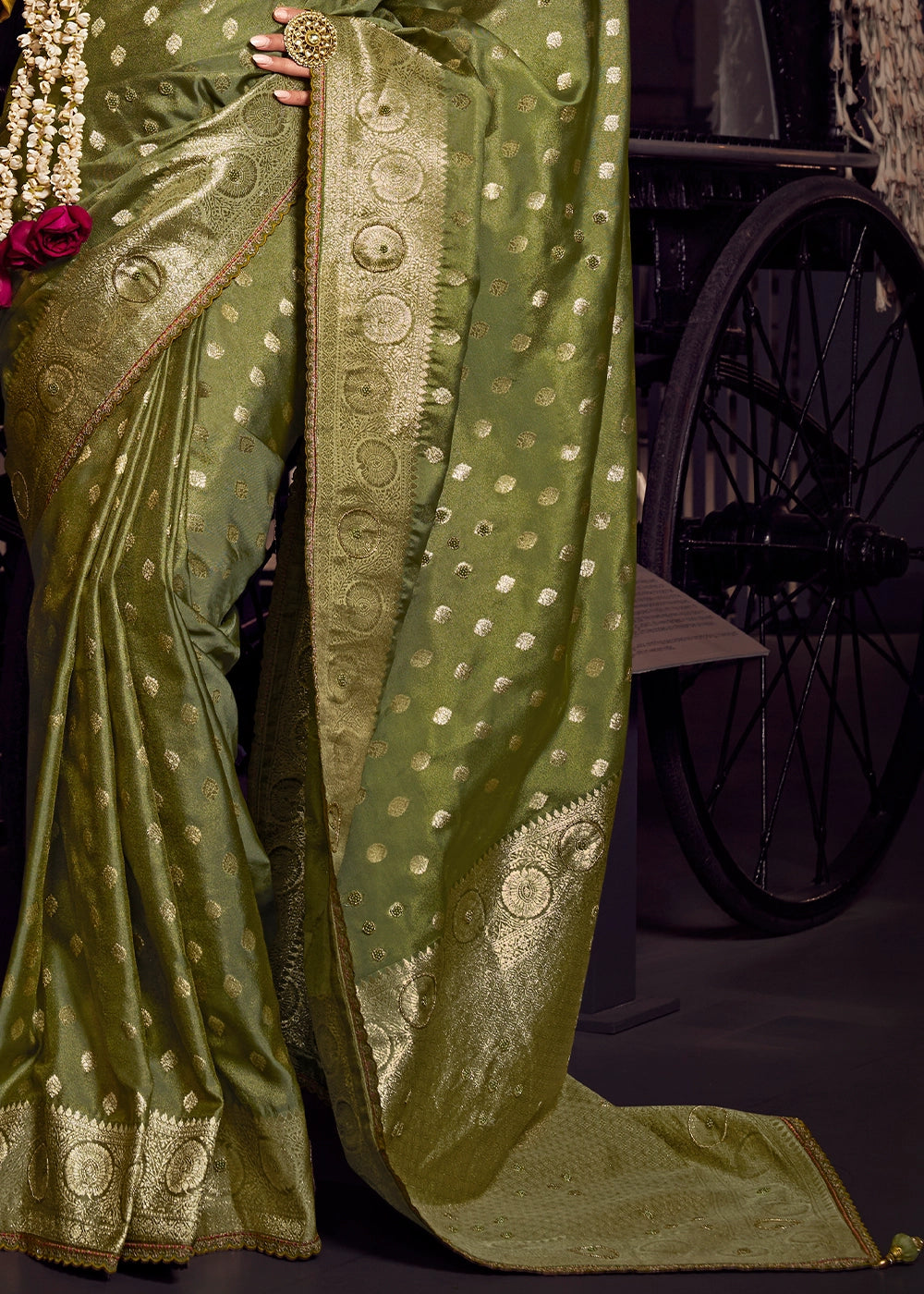 Olive Green Viscose Tissue Silk Saree with Handcrafted Pallu and Embroidered Blouse