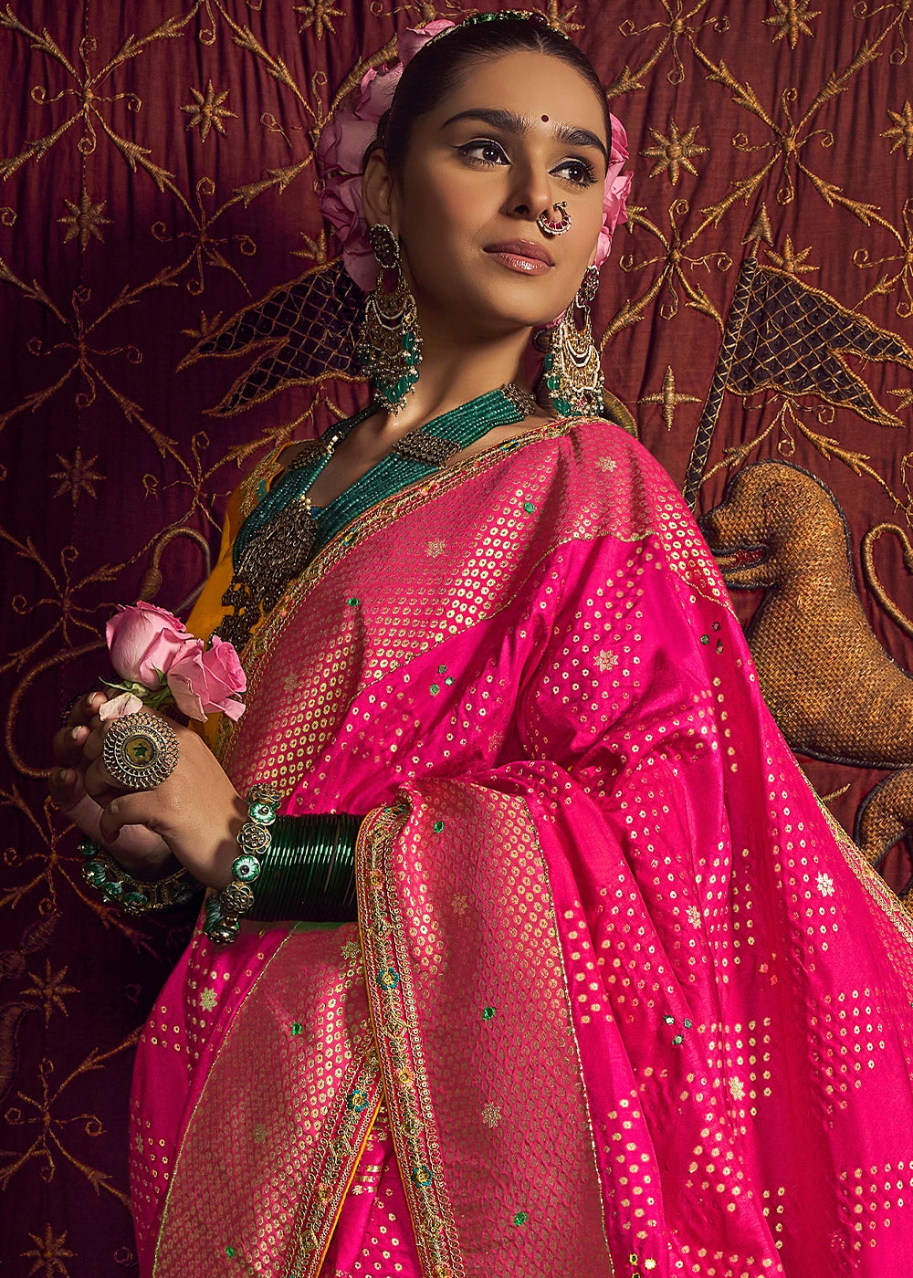 Hot Pink Viscose Silk Saree with Handcrafted Embroidered Blouse