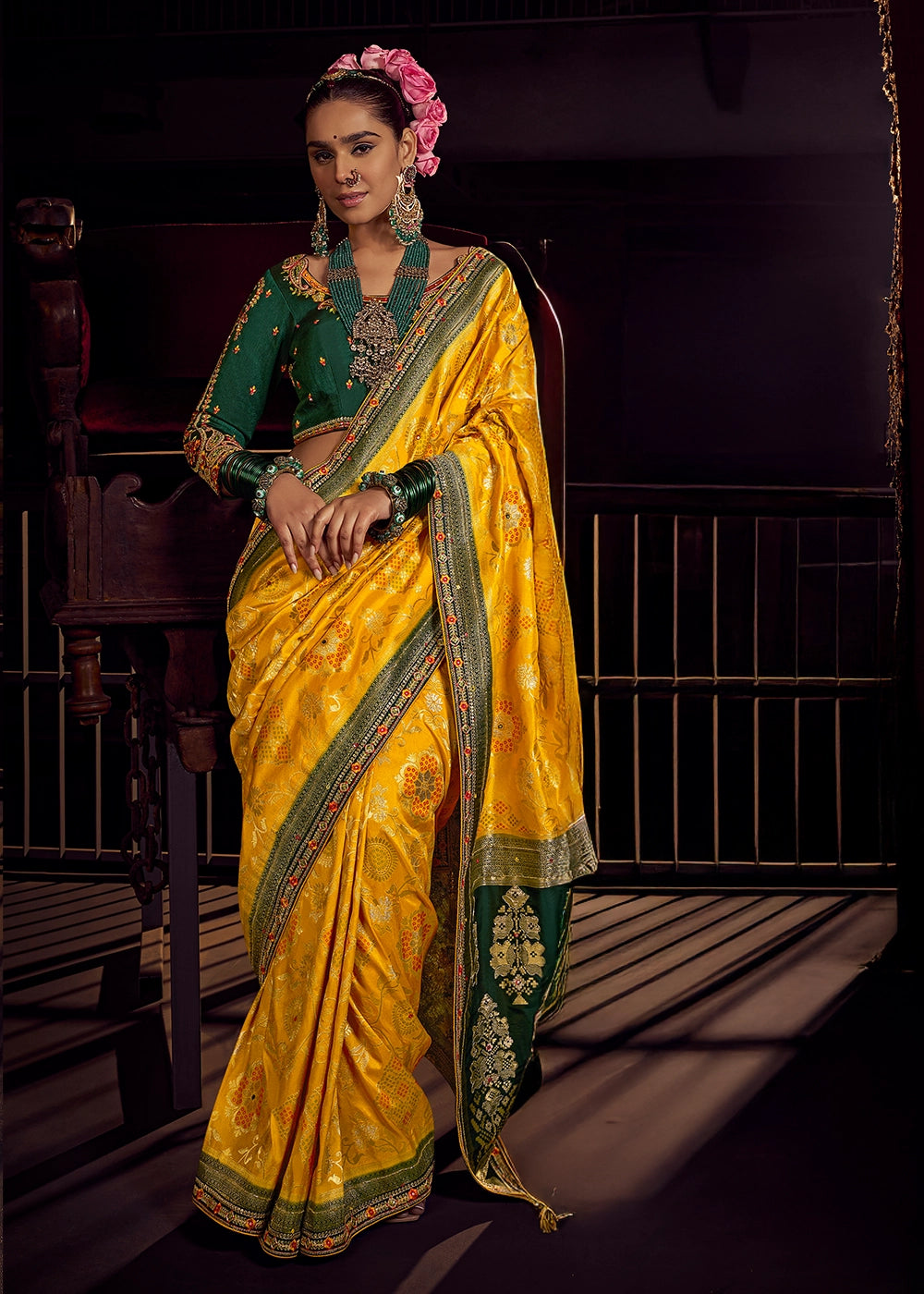 Saffron Yellow Viscose Silk Saree with Handcrafted Embroidered Blouse