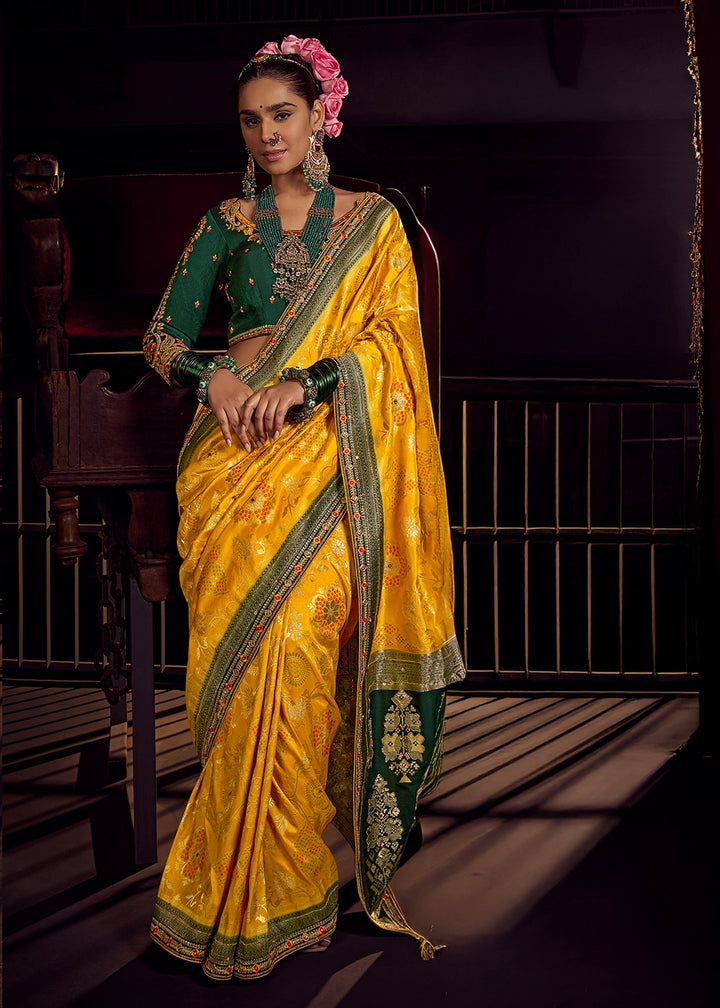 Saffron Yellow Viscose Silk Saree with Handcrafted Embroidered Blouse