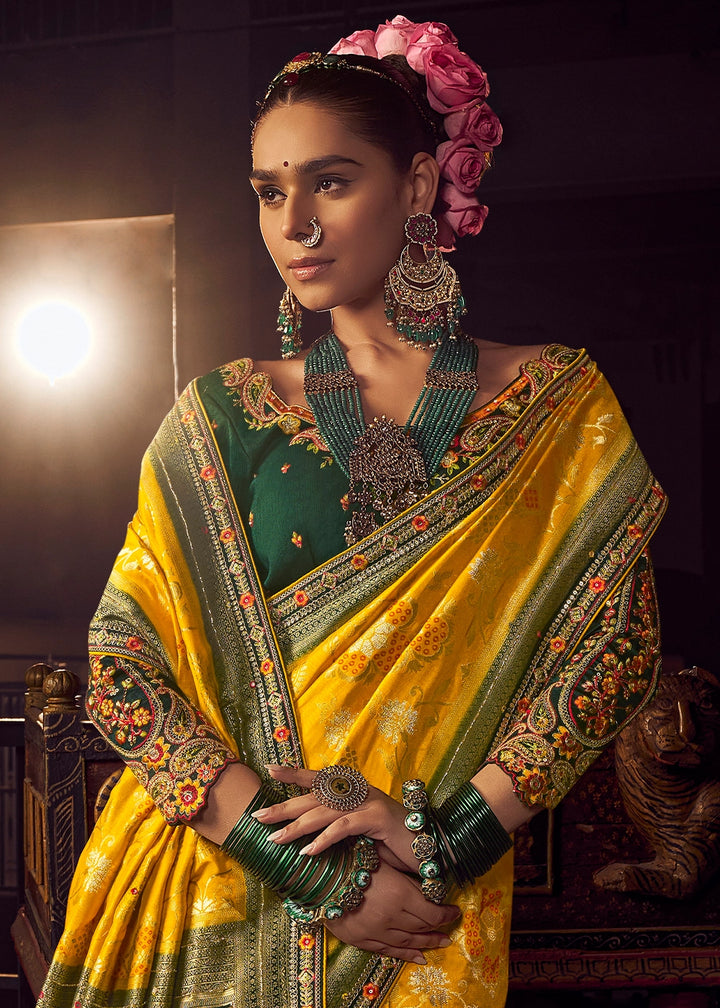 Saffron Yellow Viscose Silk Saree with Handcrafted Embroidered Blouse