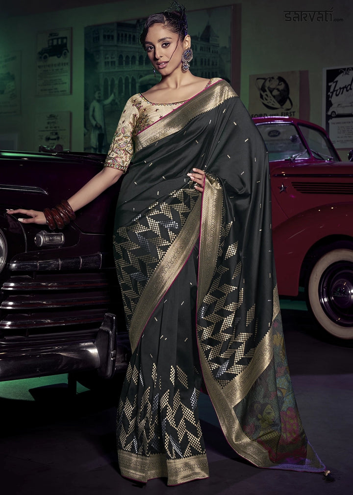 Pebble Black Banarasi Silk Saree with Opulent Zari Work & Embellished Blouse