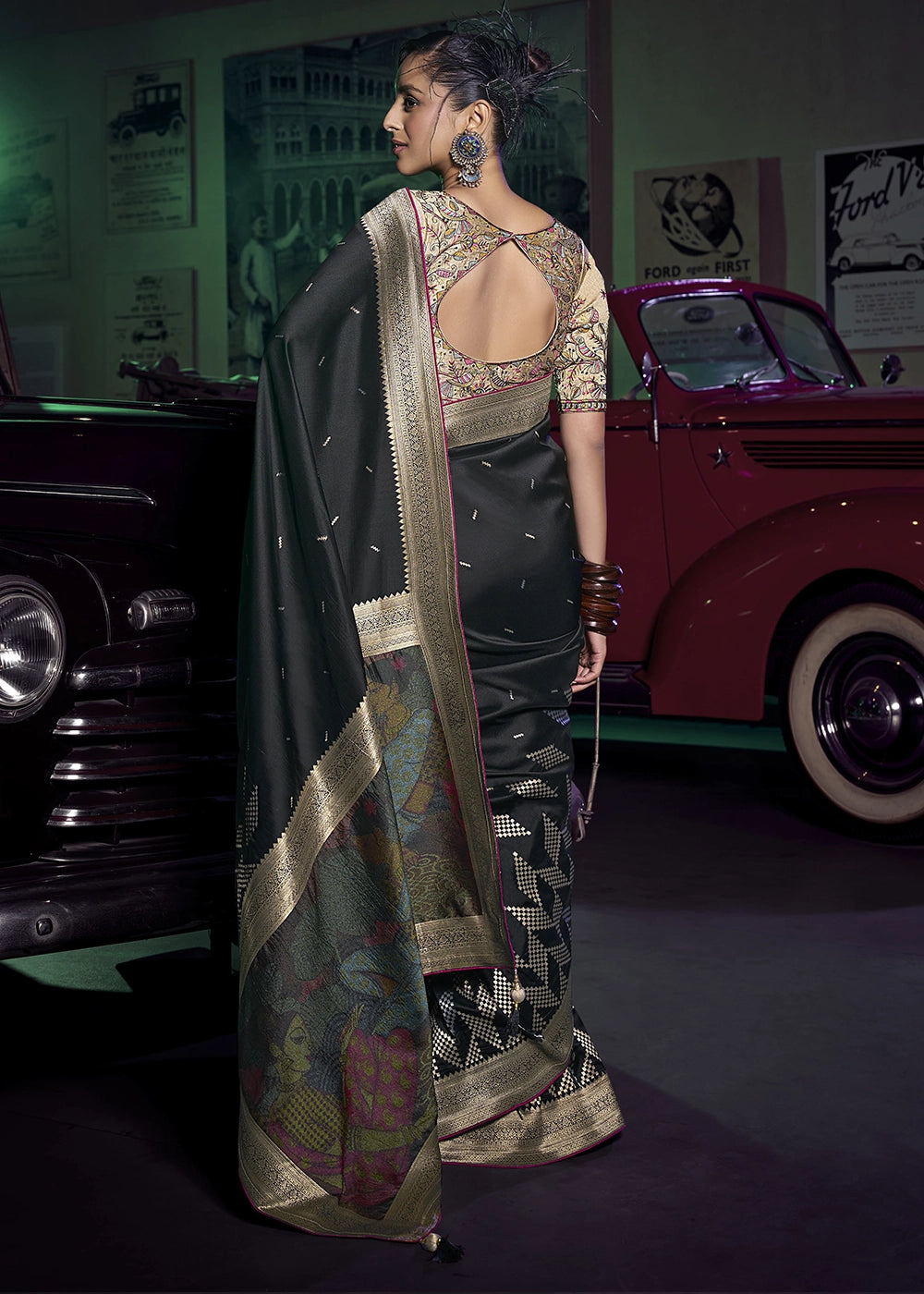 Pebble Black Banarasi Silk Saree with Opulent Zari Work & Embellished Blouse