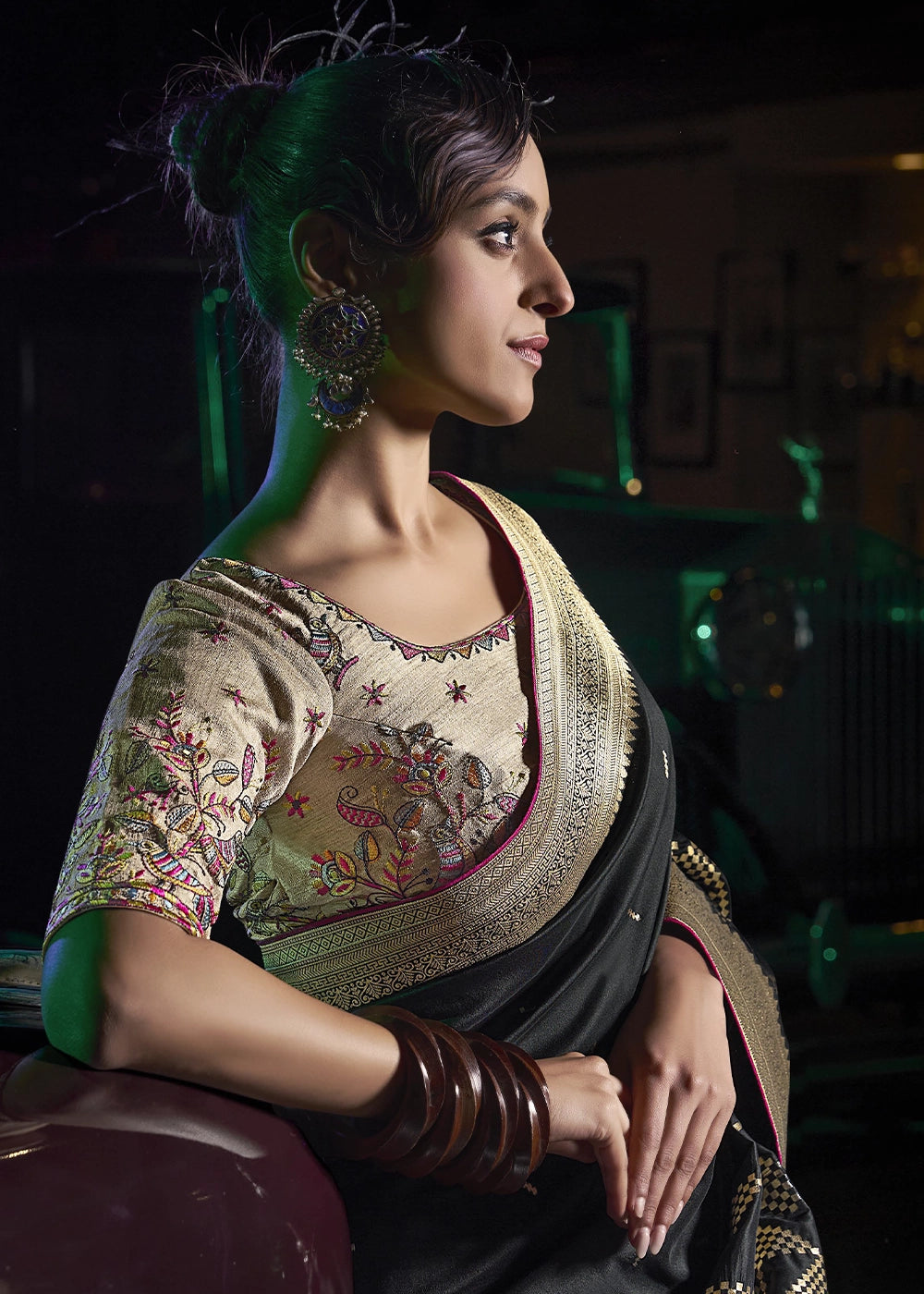 Pebble Black Banarasi Silk Saree with Opulent Zari Work & Embellished Blouse