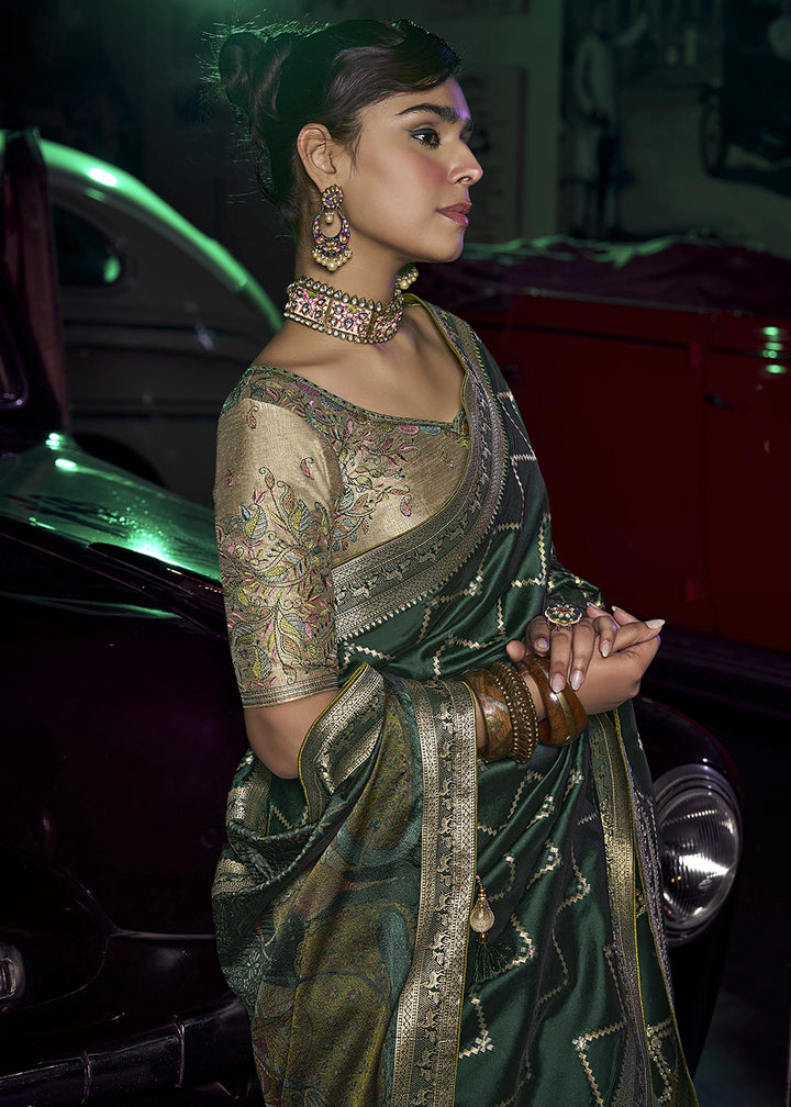 Dark Green Banarasi Silk Saree with Opulent Zari Work & Embellished Blouse