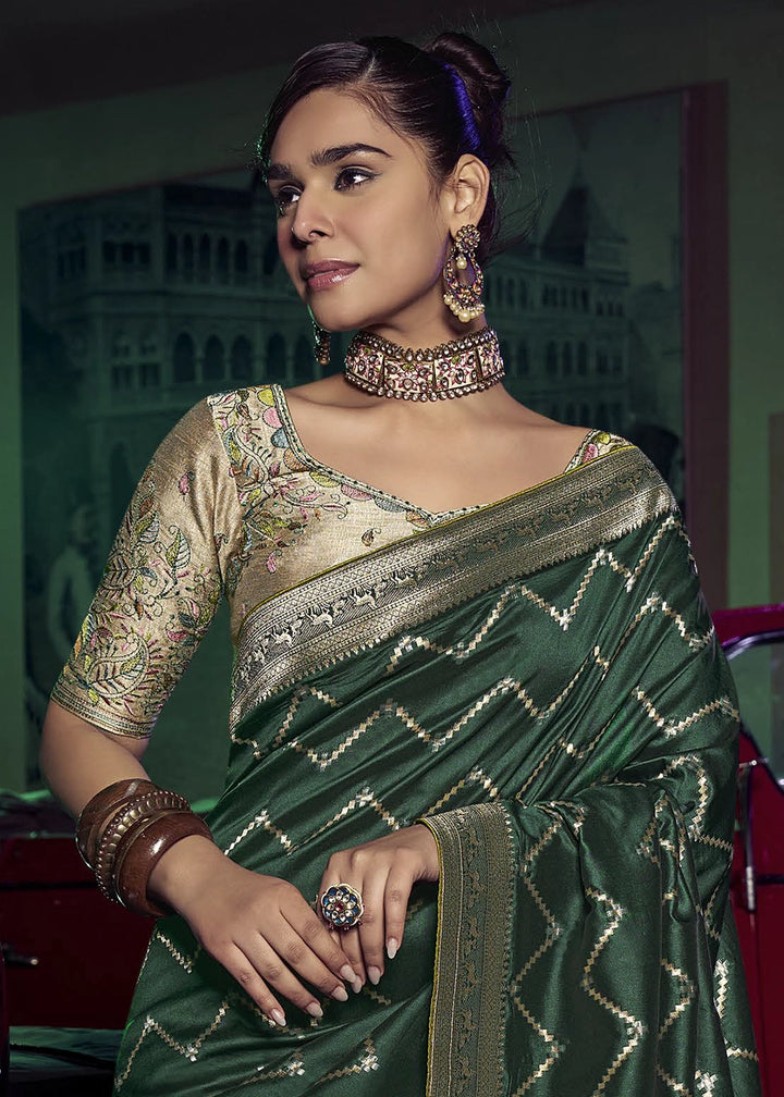 Dark Green Banarasi Silk Saree with Opulent Zari Work & Embellished Blouse