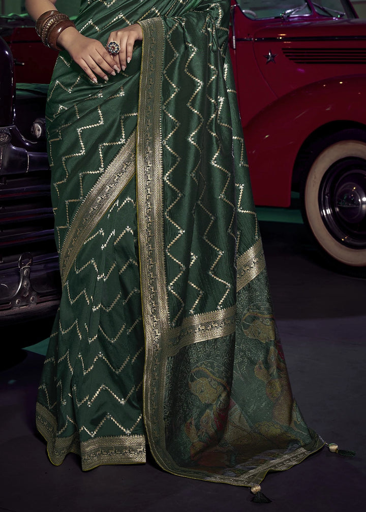 Dark Green Banarasi Silk Saree with Opulent Zari Work & Embellished Blouse