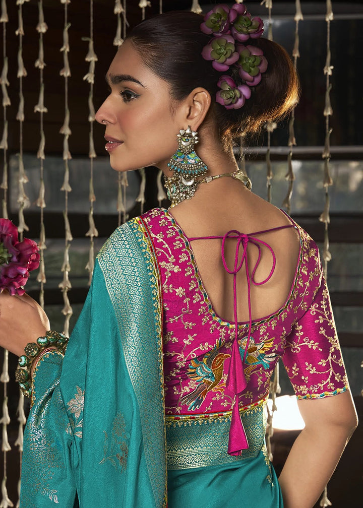 Turquoise Blue Viscous Dola Silk Saree with Opulent Zari Work & Embellished Blouse