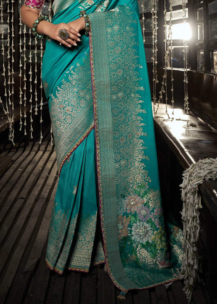 Turquoise Blue Viscous Dola Silk Saree with Opulent Zari Work & Embellished Blouse