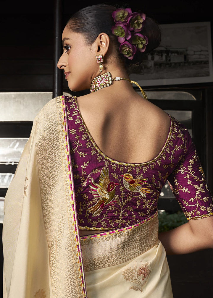 Cream White Viscous Dola Silk Saree with Opulent Zari Work & Embellished Blouse