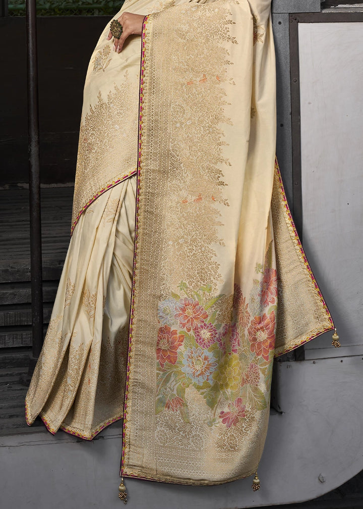 Cream White Viscous Dola Silk Saree with Opulent Zari Work & Embellished Blouse