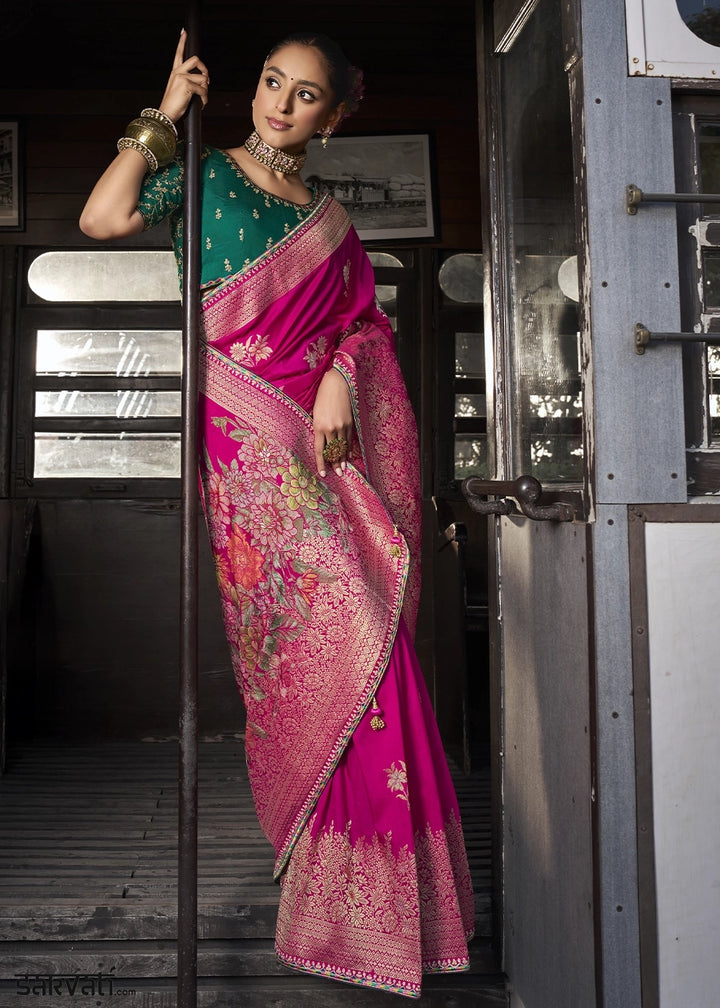 Hot Pink Viscous Dola Silk Saree with Opulent Zari Work & Embellished Blouse