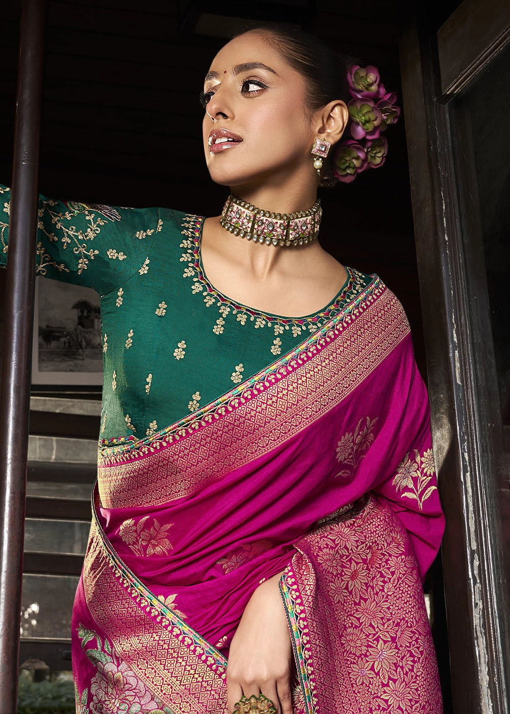 Hot Pink Viscous Dola Silk Saree with Opulent Zari Work & Embellished Blouse