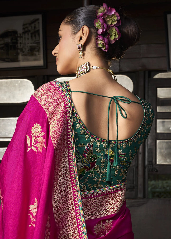 Hot Pink Viscous Dola Silk Saree with Opulent Zari Work & Embellished Blouse