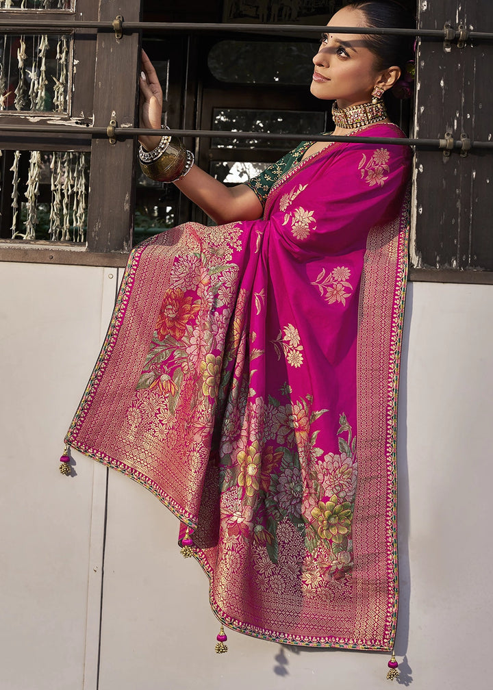 Hot Pink Viscous Dola Silk Saree with Opulent Zari Work & Embellished Blouse