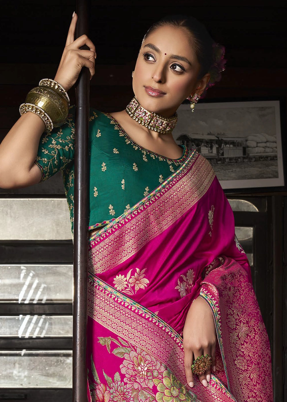 Hot Pink Viscous Dola Silk Saree with Opulent Zari Work & Embellished Blouse