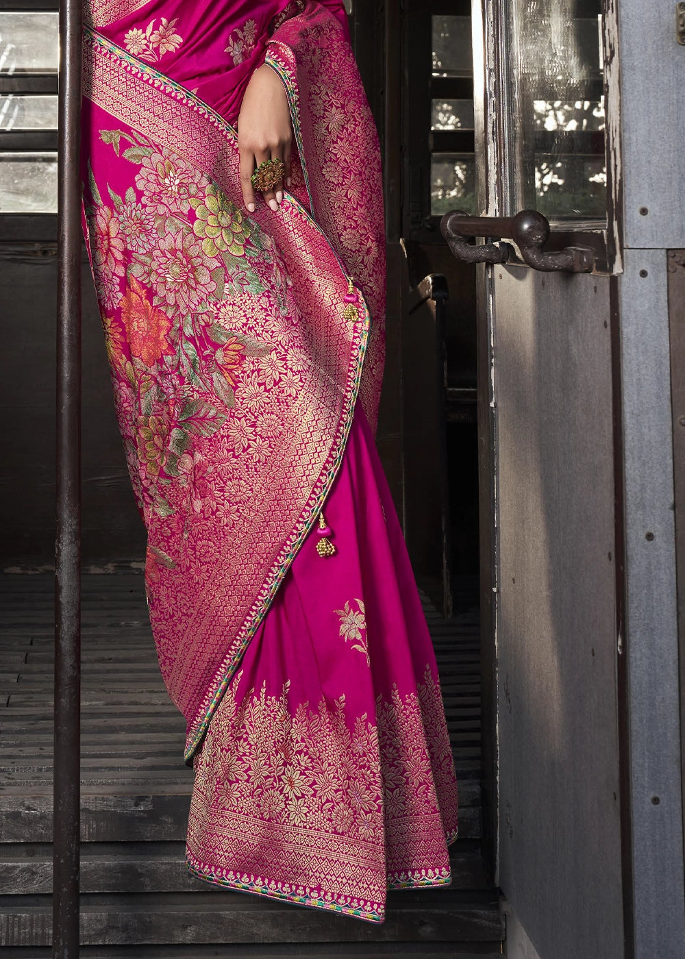 Hot Pink Viscous Dola Silk Saree with Opulent Zari Work & Embellished Blouse