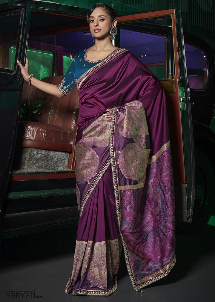 Byzantine Purple Banarasi Silk Saree with Artistic Woven Pallu & Embellished Blouse
