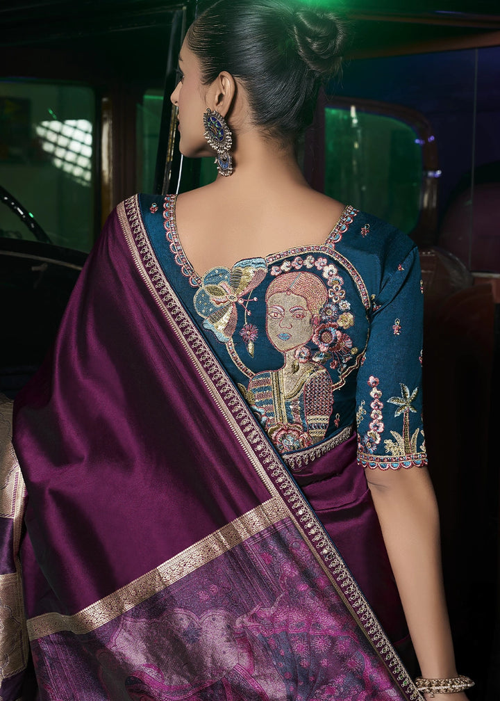 Byzantine Purple Banarasi Silk Saree with Artistic Woven Pallu & Embellished Blouse