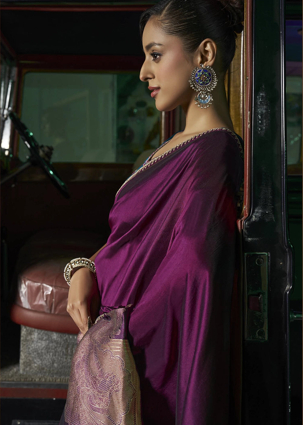 Byzantine Purple Banarasi Silk Saree with Artistic Woven Pallu & Embellished Blouse