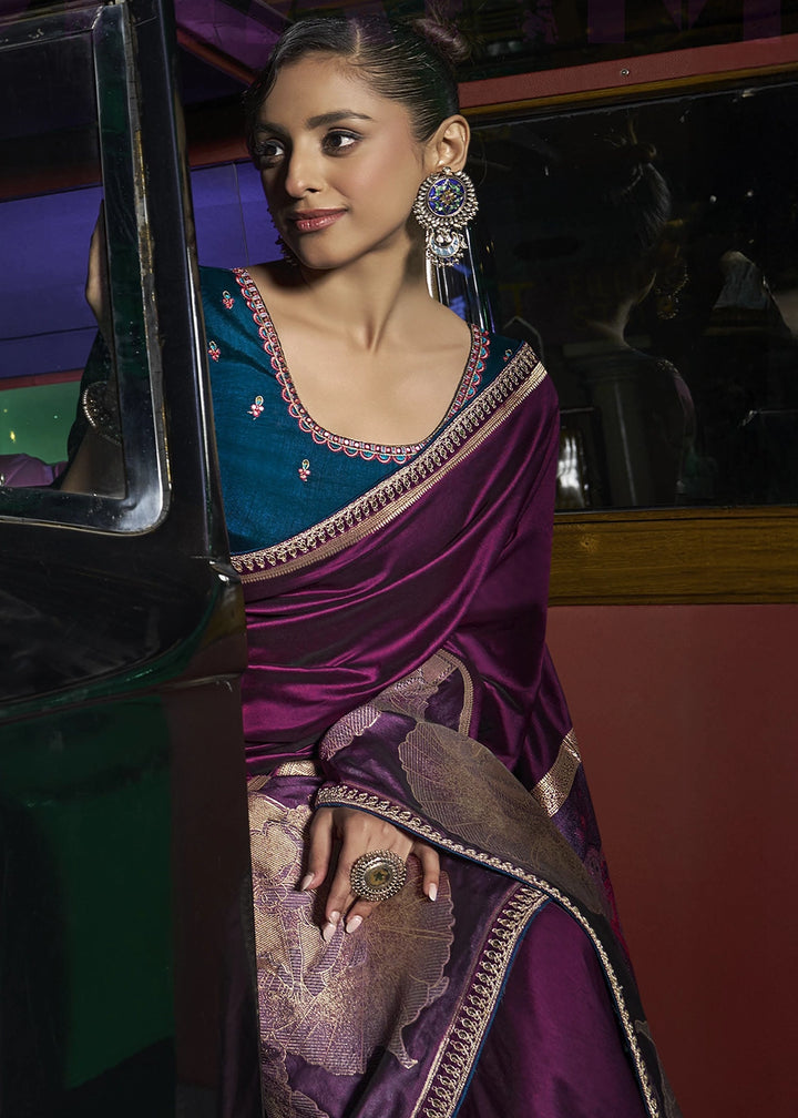 Byzantine Purple Banarasi Silk Saree with Artistic Woven Pallu & Embellished Blouse