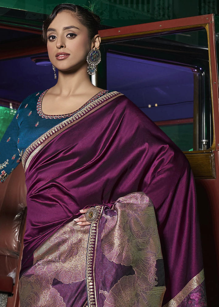Byzantine Purple Banarasi Silk Saree with Artistic Woven Pallu & Embellished Blouse