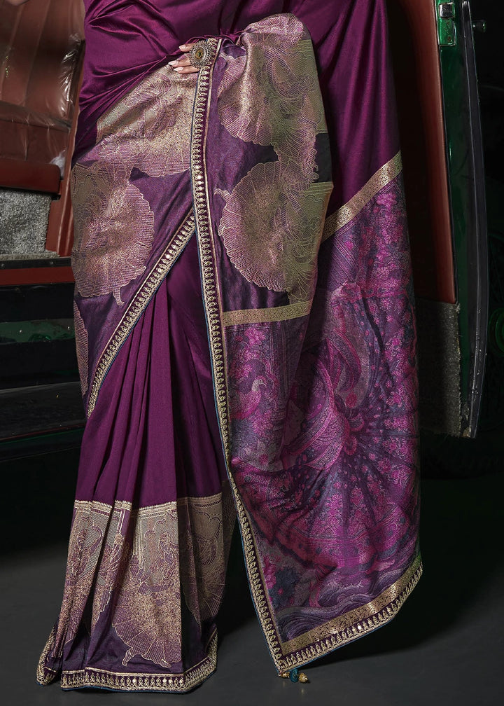 Byzantine Purple Banarasi Silk Saree with Artistic Woven Pallu & Embellished Blouse