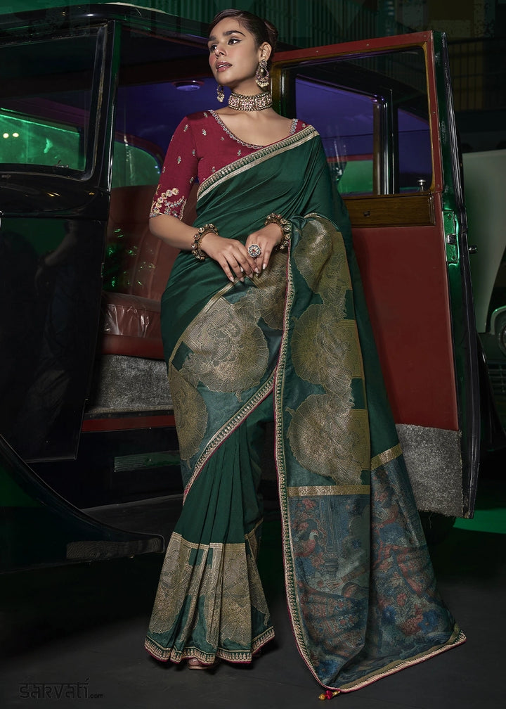 Phathalo Green Banarasi Silk Saree with Artistic Woven Pallu & Embellished Blouse