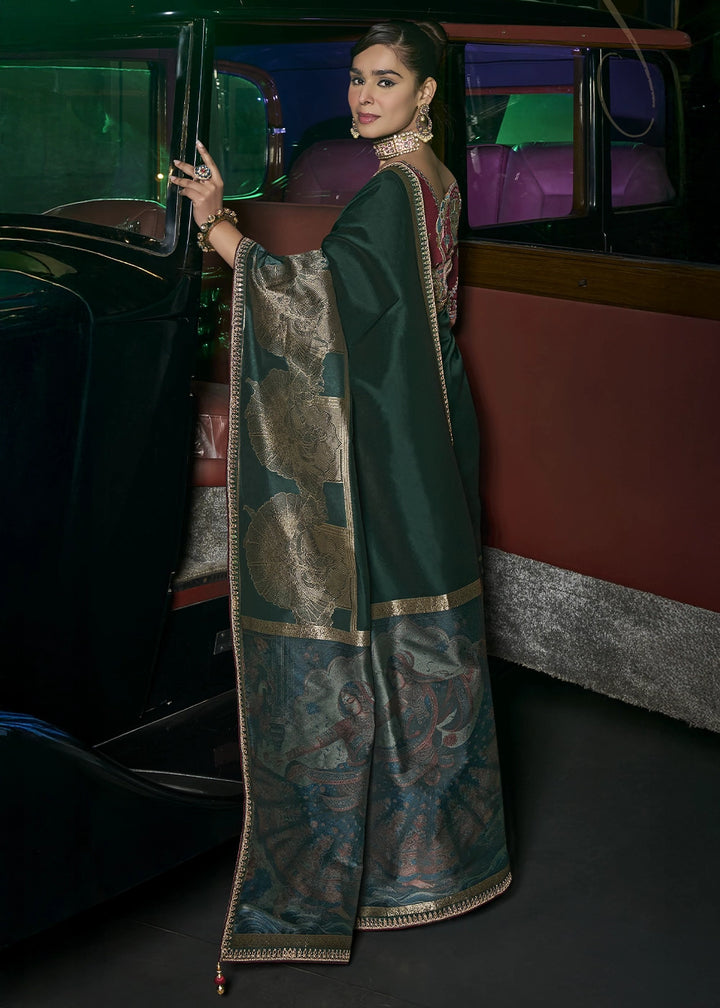 Phathalo Green Banarasi Silk Saree with Artistic Woven Pallu & Embellished Blouse