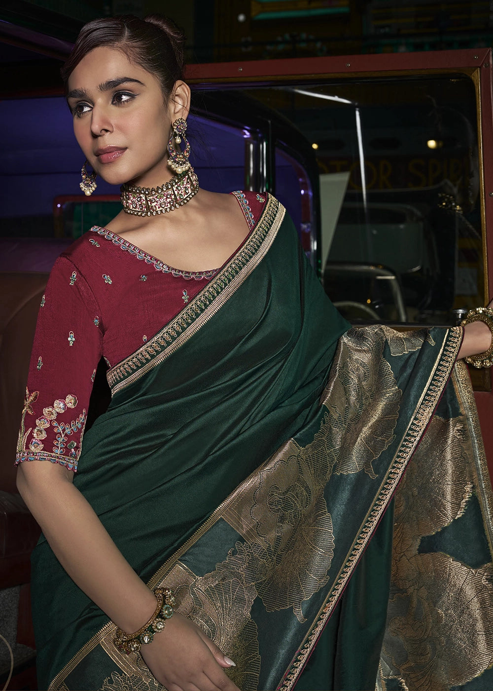 Phathalo Green Banarasi Silk Saree with Artistic Woven Pallu & Embellished Blouse