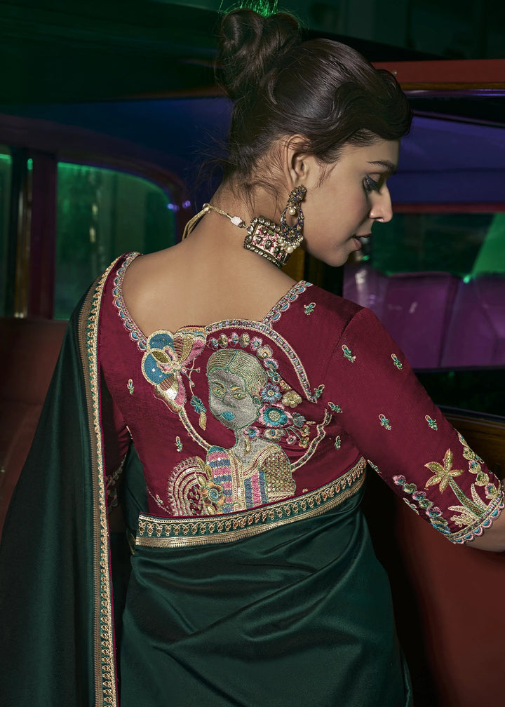 Phathalo Green Banarasi Silk Saree with Artistic Woven Pallu & Embellished Blouse