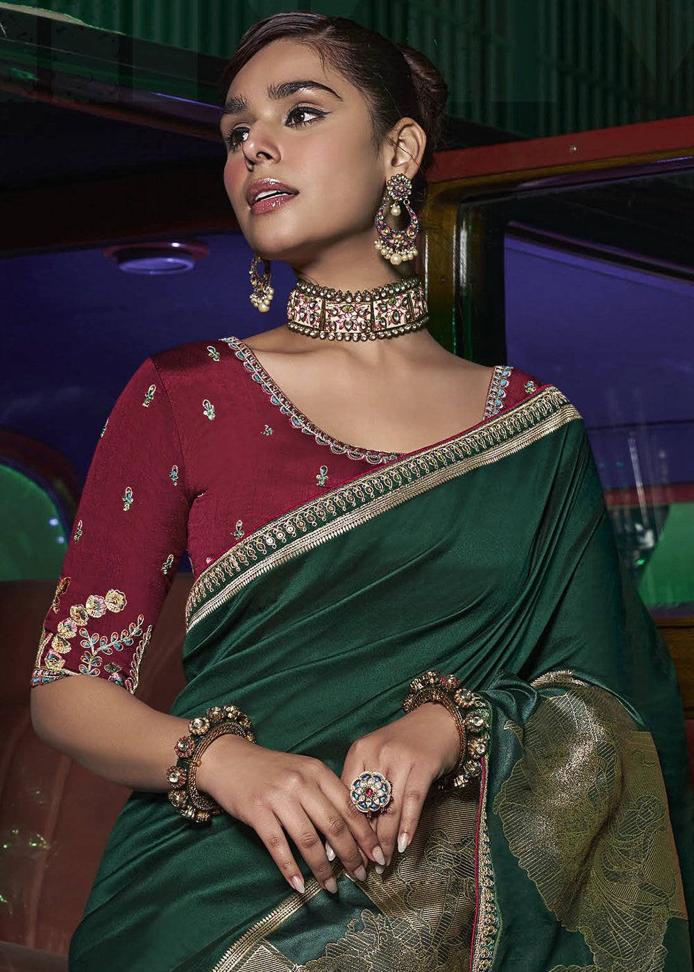Phathalo Green Banarasi Silk Saree with Artistic Woven Pallu & Embellished Blouse