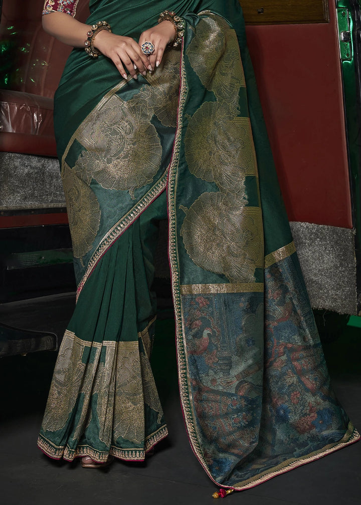 Phathalo Green Banarasi Silk Saree with Artistic Woven Pallu & Embellished Blouse