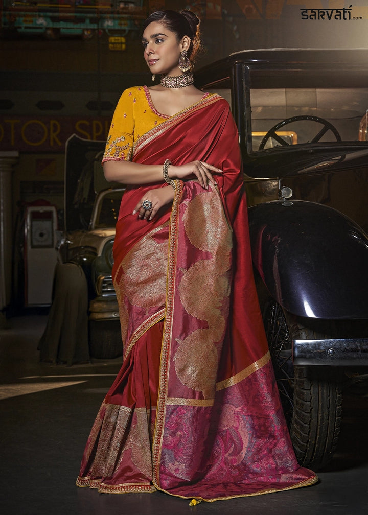 Maroon Red Banarasi Silk Saree with Artistic Woven Pallu & Embellished Blouse