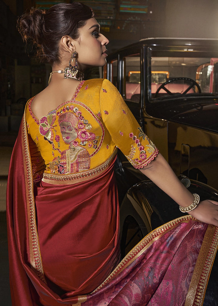 Maroon Red Banarasi Silk Saree with Artistic Woven Pallu & Embellished Blouse
