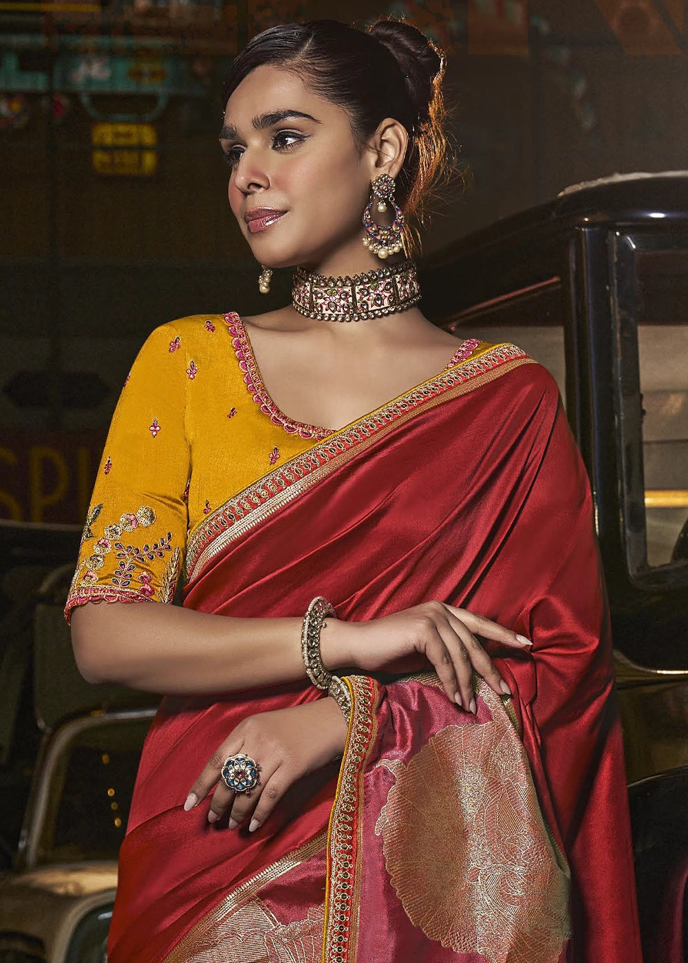 Maroon Red Banarasi Silk Saree with Artistic Woven Pallu & Embellished Blouse