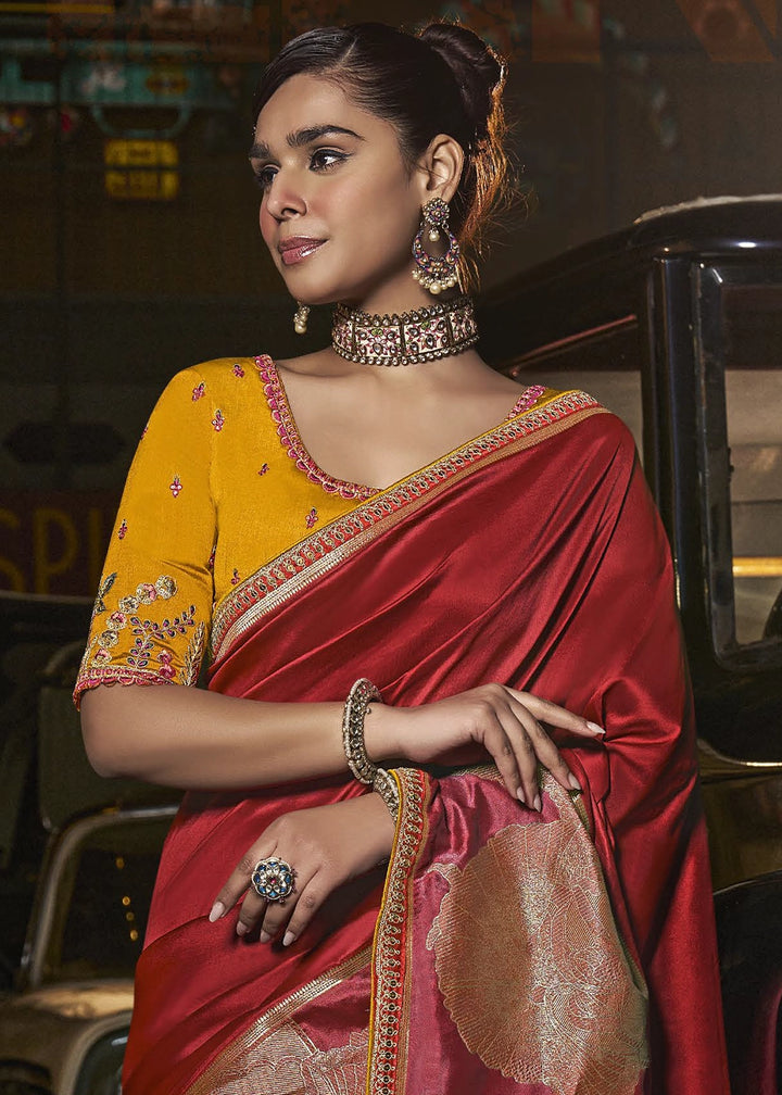 Maroon Red Banarasi Silk Saree with Artistic Woven Pallu & Embellished Blouse