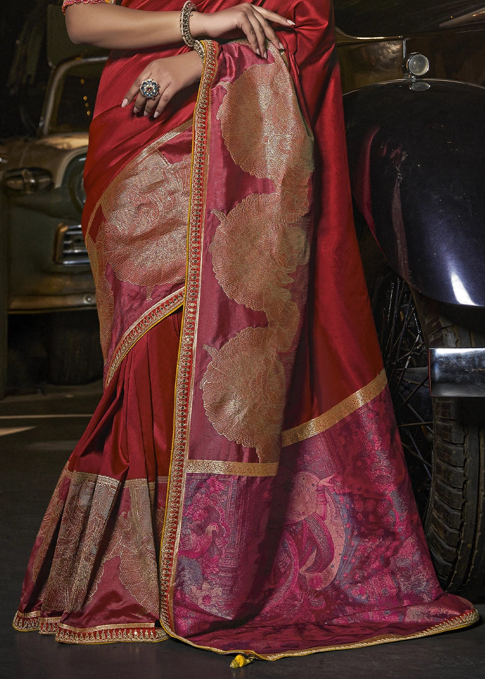 Maroon Red Banarasi Silk Saree with Artistic Woven Pallu & Embellished Blouse