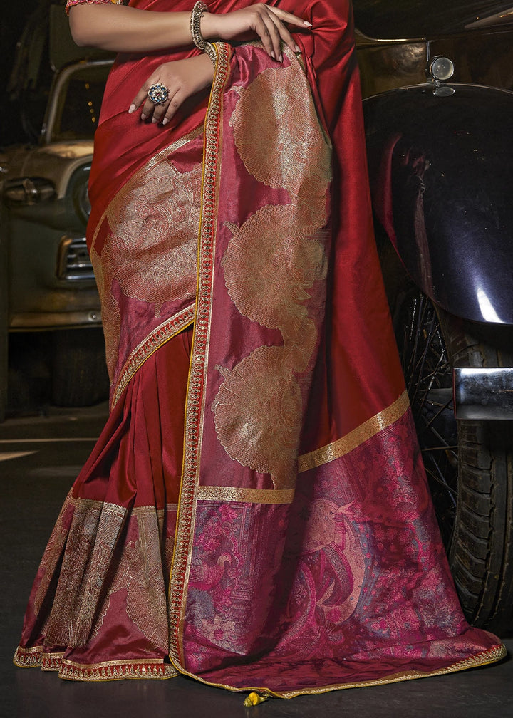 Maroon Red Banarasi Silk Saree with Artistic Woven Pallu & Embellished Blouse