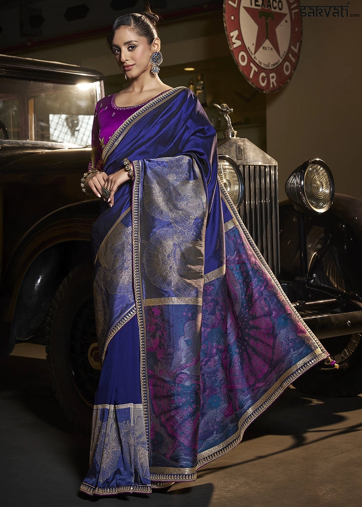 Cobalt Blue Banarasi Silk Saree with Artistic Woven Pallu & Embellished Blouse