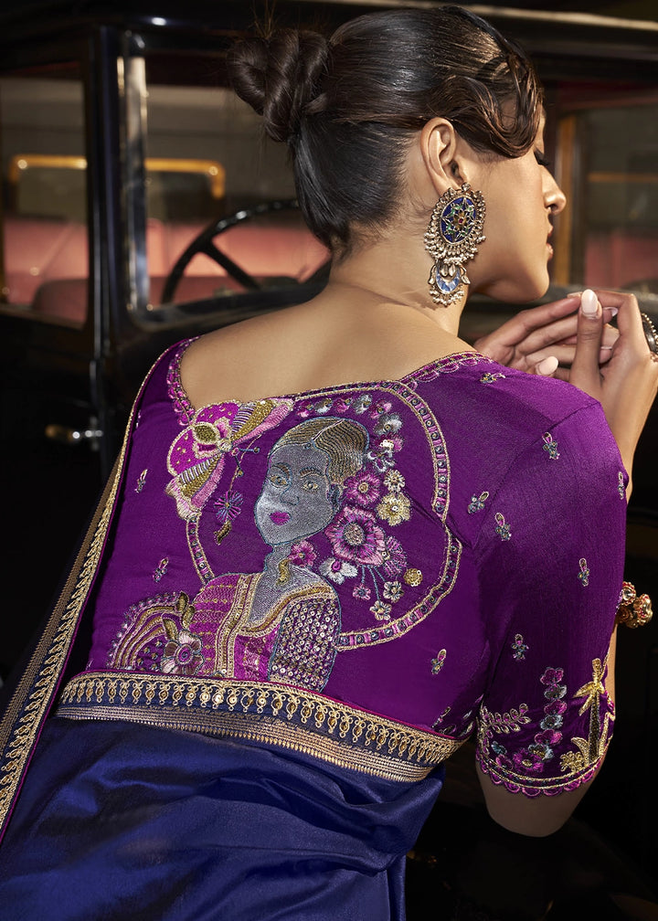 Cobalt Blue Banarasi Silk Saree with Artistic Woven Pallu & Embellished Blouse