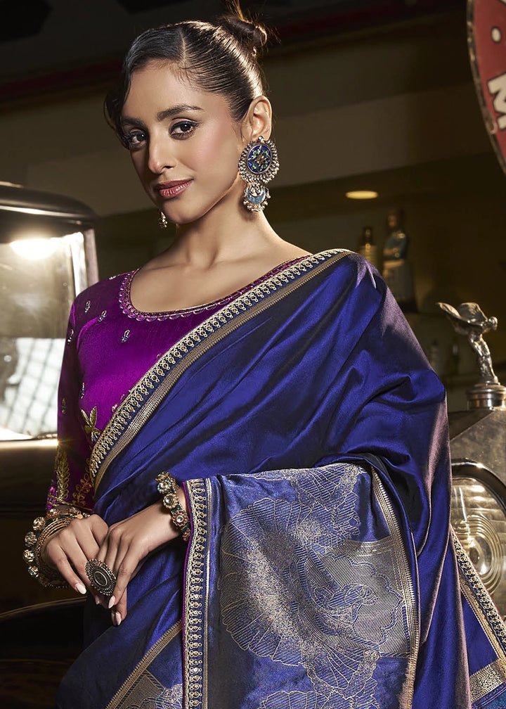 Cobalt Blue Banarasi Silk Saree with Artistic Woven Pallu & Embellished Blouse