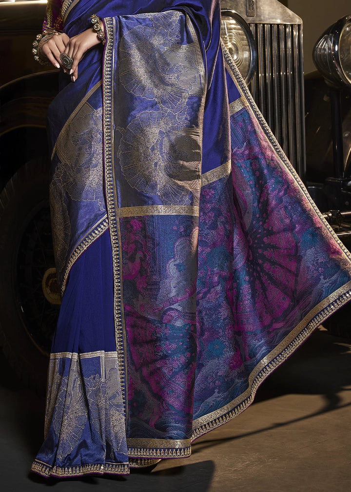 Cobalt Blue Banarasi Silk Saree with Artistic Woven Pallu & Embellished Blouse
